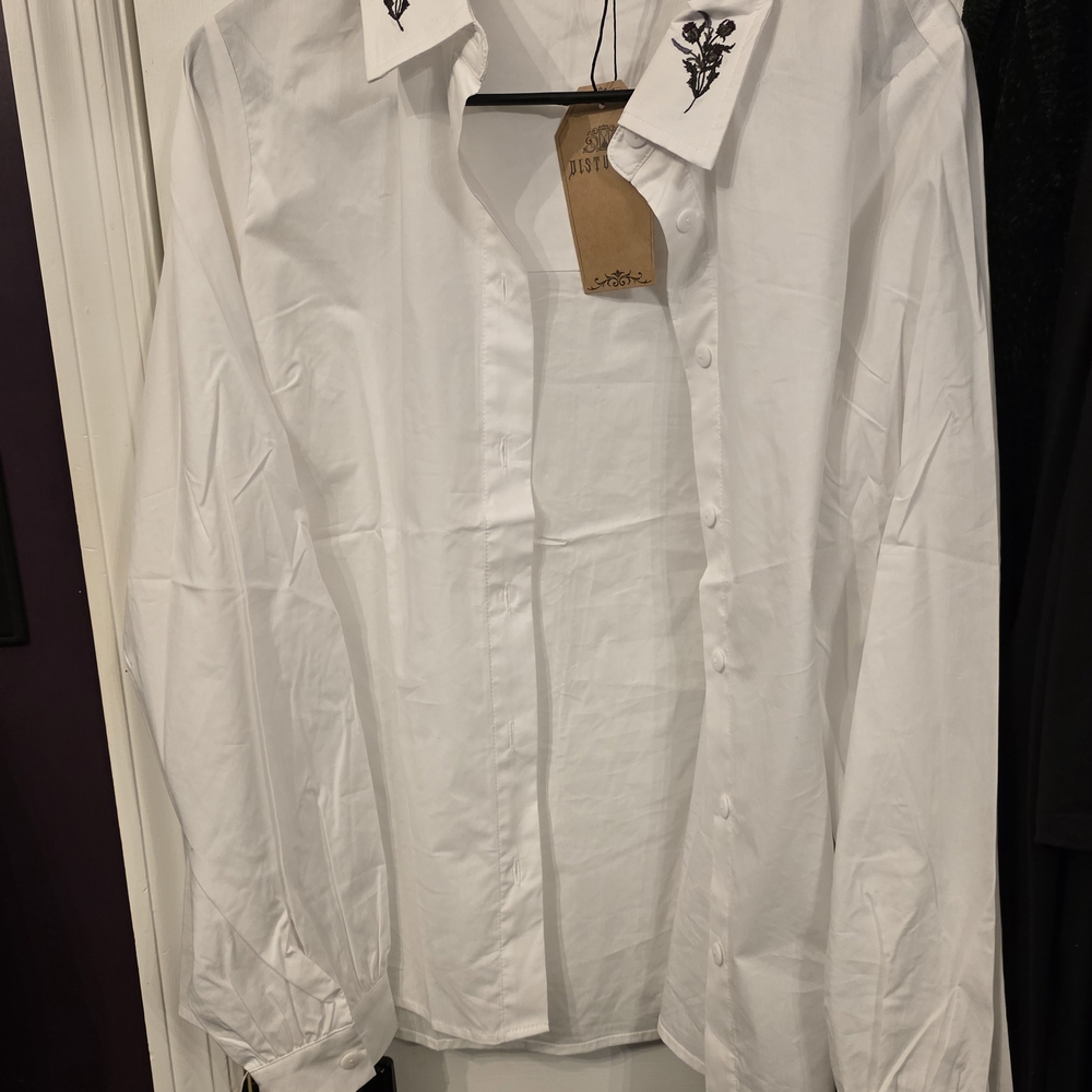 Disturbia Dispair White Button Down Shirt with Thistle Embroidery - Picture 3 of 3